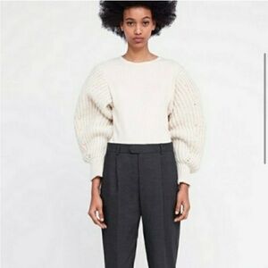 Zara Balloon Sleeve Mixed Media Sweater Cream Size Large